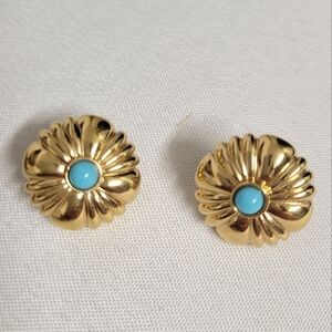 Vintage Monet Gold Tone Floral Earrings with Blue Accent